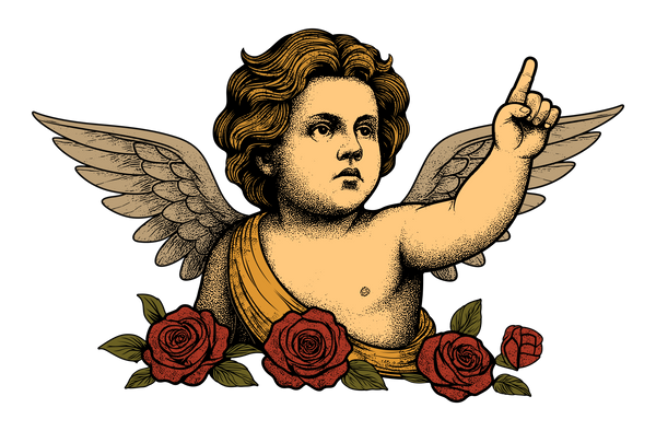 Spera logo: cherub Illustration with wings and roses 